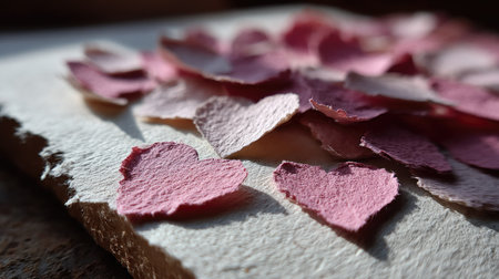Torn edges and hand-cut pink hearts layered on handmade recycled paper, giving a personal and rustic feelingの素材