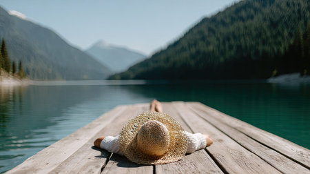A person lying on a dock with a straw hat covering their face, surrounded by peaceful lake sceneryの素材