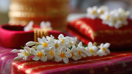 Traditional Indian bridal accessories arranged with jasmine flowers and silk cloths, symbolizing festivity and beautyの素材