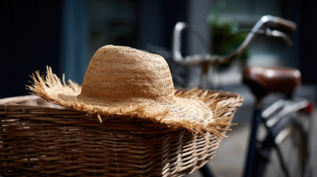 A well-worn straw hat with visible frays placed atop a vintage bicycle basketの素材