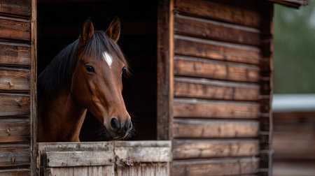 A perfectly groomed horse standing in a classic wooden stall, natural light giving the image a timeless feelの素材