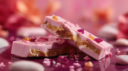 Trendy pink angel hair chocolate bar broken in pieces, with vibrant candy accents and a soft backgroundの素材