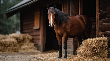 A perfectly groomed horse standing in a classic wooden stall, natural light giving the image a timeless feelの素材