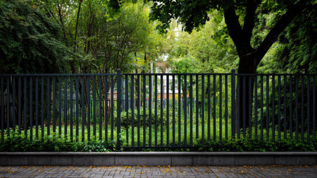 A metal fence with vertical bars in a uniform pattern, providing privacy and security for a suburban homeの素材