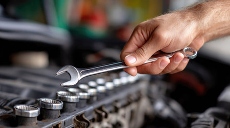 A person's hand picking up a stainless steel spanner from a set, with a partially disassembled car engine in the backgroundの素材