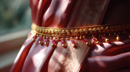 Traditional gold waist chain kamarband styled with a silk saree, emphasizing cultural richness and femininityの素材