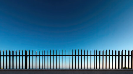 A modern metal fence with clean, sharp lines and minimalistic design, set against a clear blue skyの素材