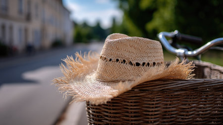 A well-worn straw hat with visible frays placed atop a vintage bicycle basketの素材