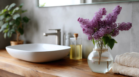 A modern bathroom with a simple vase of flowers next to the sink, creating a tranquil, spa-like environment with natural elementsの素材