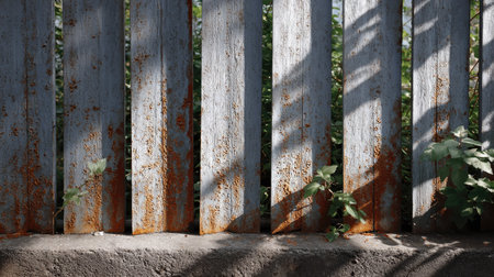 A weathered metal fence with vertical slats and subtle rust marks, providing a charming and aged pattern for an outdoor spaceの素材