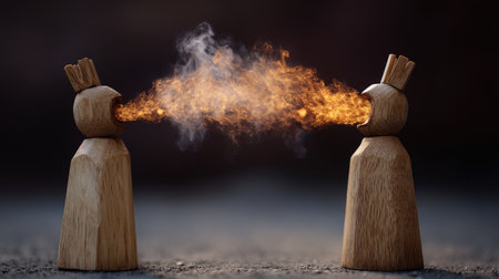 A pair of wooden figures arguing, with fire effects where their mouths face, visualizing verbal conflictの素材
