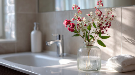A modern bathroom with a simple vase holding a blooming flower, placed next to a sink, reflecting light and creating a fresh moodの素材