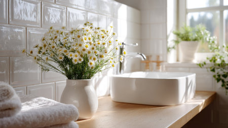A modern bathroom setting with a vase of flowers near the sink, complemented by clean white tiles and soft natural lighting from the windowの素材
