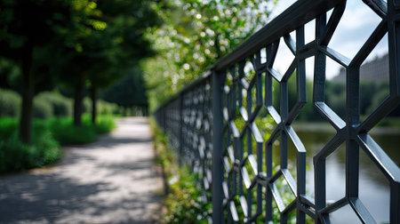 A metal fence with a geometric design, creating a futuristic pattern that stands out against the surrounding natureの素材
