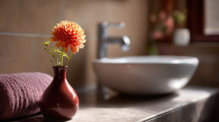 A peaceful bathroom setting with a vase holding a colorful flower placed near a sleek sink, enhancing the spa-like atmosphereの素材