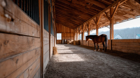 A panoramic barn view with multiple wooden stalls, one horse standing attentively in the foregroundの素材