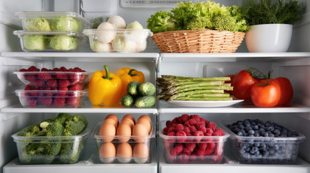 A well-organized fridge stocked with vegetables, berries, eggs, and labeled containers, symbolizing healthy eating habitsの素材