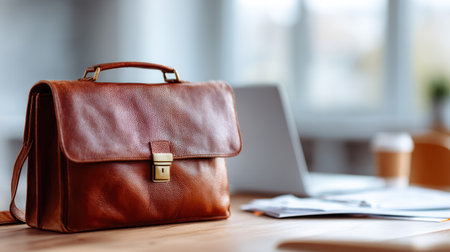 Close-up of a man's leather briefcase on a desk in an office, surrounded by papers and a laptop, symbolizing work and productivityの素材