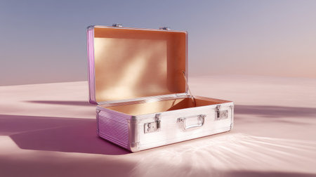 A well-lit aluminum suitcase with its lid open, displaying the spacious interior against a soft gradient backdropの素材