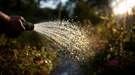 A person using a rubber hose to water a garden, with the spray of water visible in mid-air against a sunny outdoor settingの素材