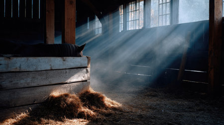 A peaceful barn scene showing a horse resting in a wooden stall, with dust particles floating in the sunbeamsの素材