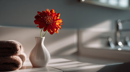 A vase with a vibrant flower placed near a bathroom sink, with soft natural light filtering through the window and illuminating the petalsの素材