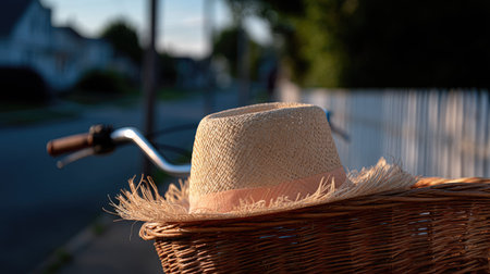 A well-worn straw hat with visible frays placed atop a vintage bicycle basketの素材