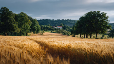 A peaceful rural landscape showing a golden wheat field bordered by trees and a distant farmhouseの素材