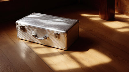 A wide shot of an empty aluminum suitcase placed on a wooden floor with soft light casting shadows over the surfaceの素材