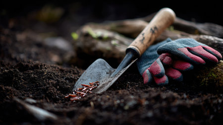 Close-up of a hoe and gardening gloves placed on dark, healthy soil, with small earthworms visible, enhancing the richness of the soilの素材
