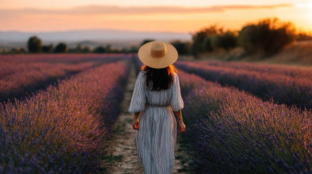A woman wearing a wide-brimmed straw hat walking through a lavender field at sunsetの素材