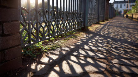 Close-up of a decorative metal fence with intricate geometric patterns, casting shadows on the ground under soft sunlightの素材