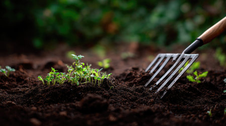 Close-up of a garden rake lying on top of dark, loose soil with small, freshly planted seedlings growing from the rich earthの素材