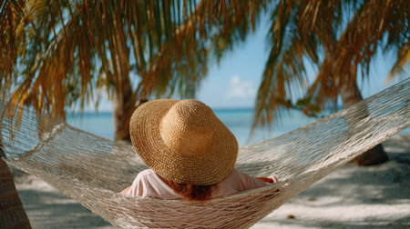 A woman shielding her face with a straw hat while lounging in a hammock on a tropical beachの素材