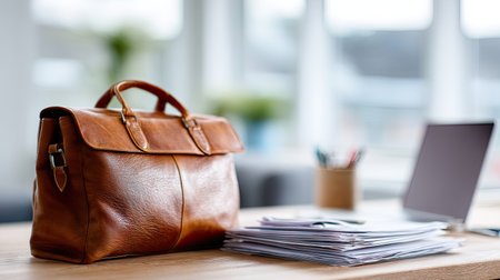 Close-up of a man's leather briefcase on a desk in an office, surrounded by papers and a laptop, symbolizing work and productivityの素材
