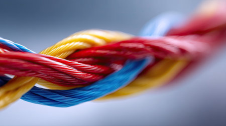 Bright blue, red, and yellow electrical wires spiraling together for a computer installation, with a clean background highlighting their vivid colorsの素材