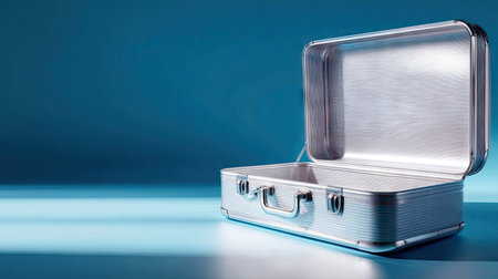 Close-up of an open empty aluminum suitcase with a spacious interior, placed against a gradient blue backgroundの素材