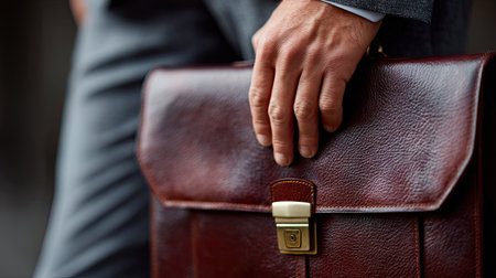 Close-up of a man's hand resting on a polished leather briefcase, dressed in a business suit, in a professional settingの素材