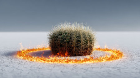 Barrel cactus surrounded by bright fire rings on a plain white background, heatwave and climate metaphorの素材