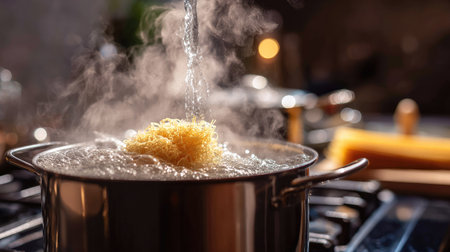 Boiling water in a pot with pasta about to be added, culinary preparation in progressの素材
