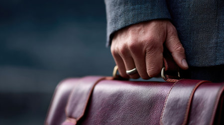 Close-up of a man's hand resting on a polished leather briefcase, dressed in a business suit, in a professional settingの素材