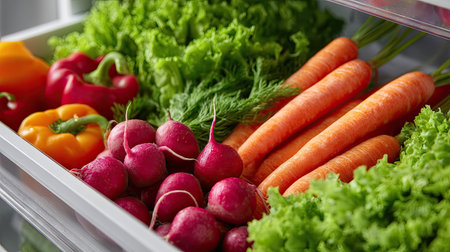 Close-up of a fridge drawer filled with fresh produce like carrots, lettuce, bell peppers, and radishes, bright and colorfulの素材