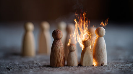 A wooden family of figurines with the smallest one surrounded by flames, concept of communication stress in parentingの素材