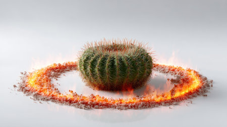 Barrel cactus surrounded by bright fire rings on a plain white background, heatwave and climate metaphorの素材