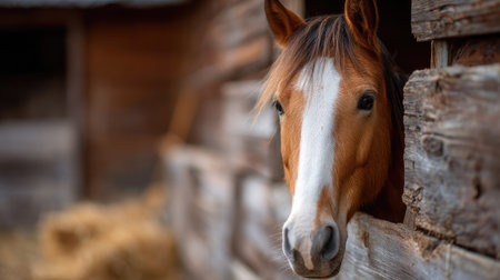 Close-up of a horse's head peeking from a rustic wooden stall, its gentle eyes reflecting the peaceful barn environmentの素材
