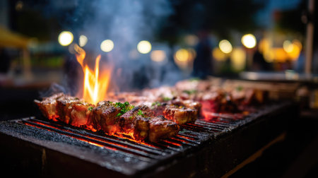 Outdoor night market BBQ with pork belly grilling, glowing flames and a smoky, warm ambianceの素材