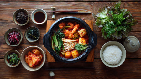 Overhead shot of a Korean hot pot meal served on a wooden table with chopsticks, bowls, and spicy brothの素材