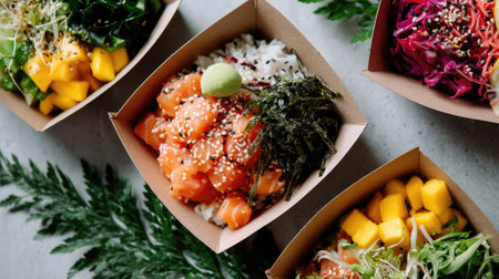 Overhead shot of colorful poke bowls in eco-friendly takeout boxes, loaded with salmon, mango, seaweed, and sesame seedsの素材