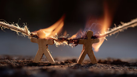 Wooden people cutouts connected by a string, burning at the center, symbolizing fragile communication tiesの素材