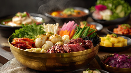 Traditional Korean brass hot pot served with octopus, brisket, dumplings, and colorful vegetablesの素材